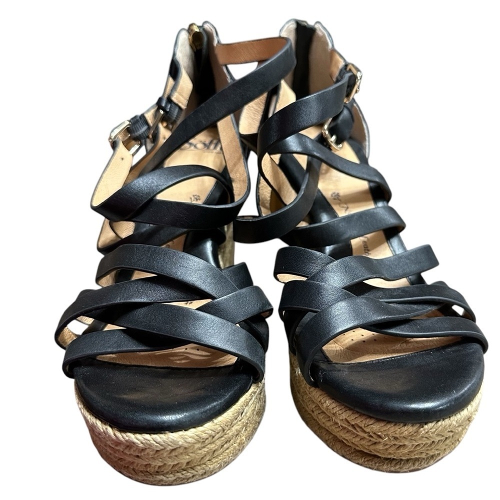 Sofft Black Espadrille Leather Wedge Strappy Sandals Size 8.5 Comfort Coastal - Picture 4 of 10